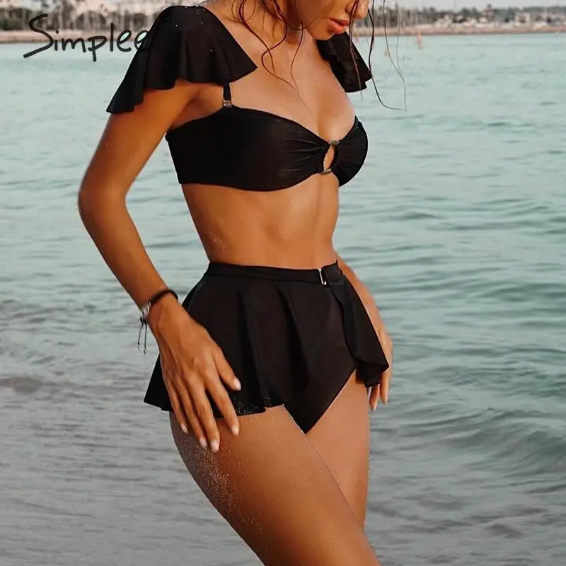 

Simplee High waist bikinis set Off shoulder ruffled summer spring swimwear female Push up bathing suit Sexy women ring swimsuit