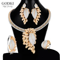 godki 4pcs big flower leaf luxury women nigerian wedding naija bride cubic zirconia necklace dubai bridal dress jewelry set 2020