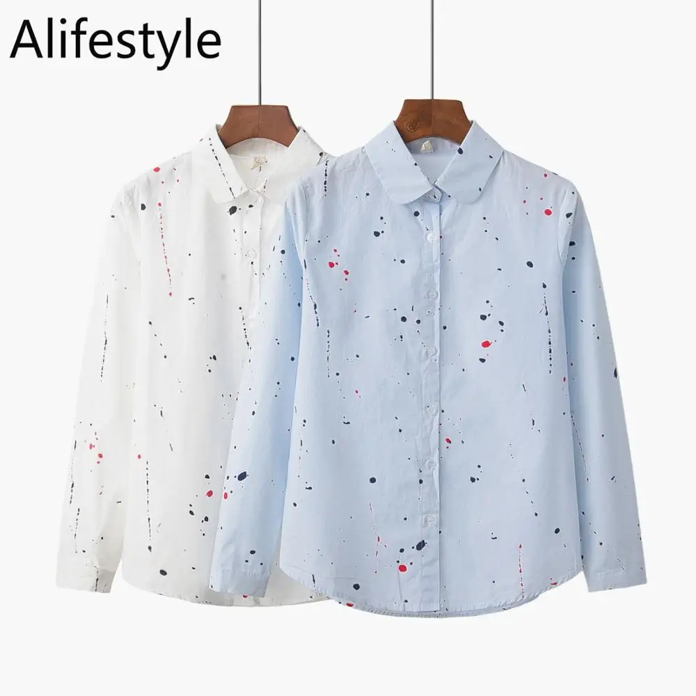 2020 New Fashion Women Blouses White/Blue 100% Cotton Leisure Shirt Personality Graffiti Tops Ladies Blouses Long Sleeve