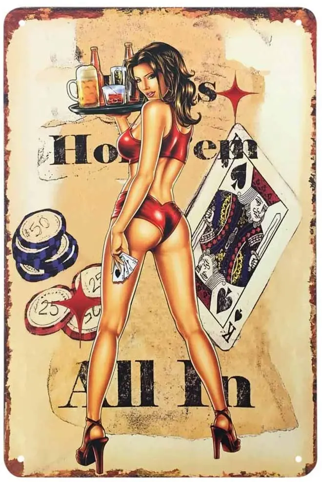 

AOYEGO Pinup Girls, Tin Sign,Casino Waitress with Red Bikini Play Poker Game Holding The Wine Tray Vintage Metal Tin Signs