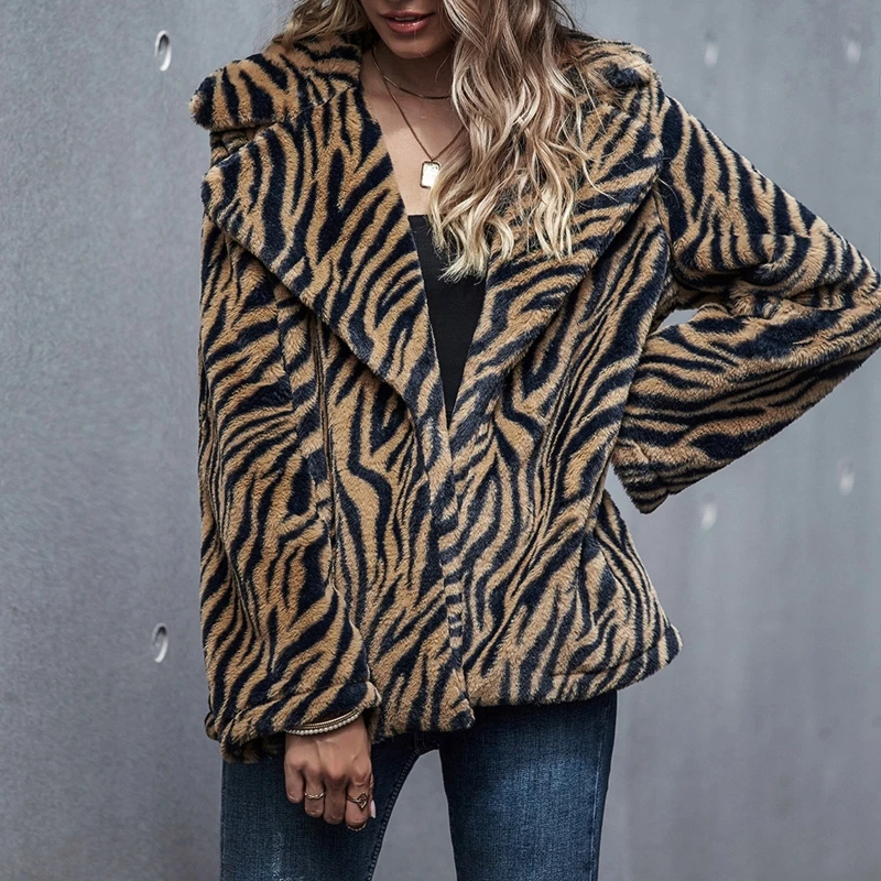 

Women Long Sleeve Fuzzy Plush Coat Vintage Zebra Stripes Printed Jacket Notched Lapel Collar Loose Cardigan with Pockets