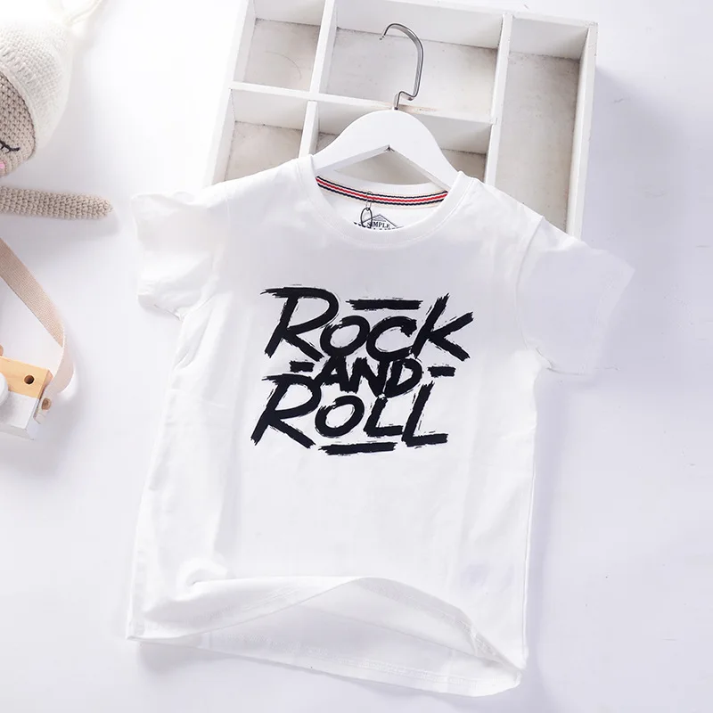 Летние футболки для мальчиков с надписью rock and roll дышащие хлопковые детей топы