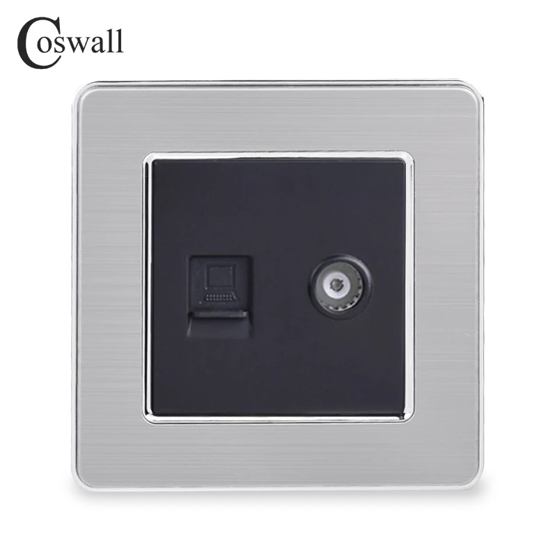 COSWALL RJ45 Интернет данных компьютерный разъем CAT5E разъем с женский ТВ выход нержавеющая сталь матовая панель настенная розетка