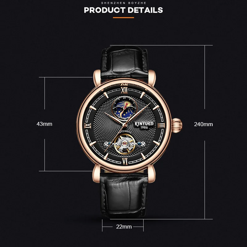 

KINYUED Fashion Tourbillon Design Men's Automatic Watches Genuine Leather Band Men Skeleton Mechanical Watch Luxury Male Clock