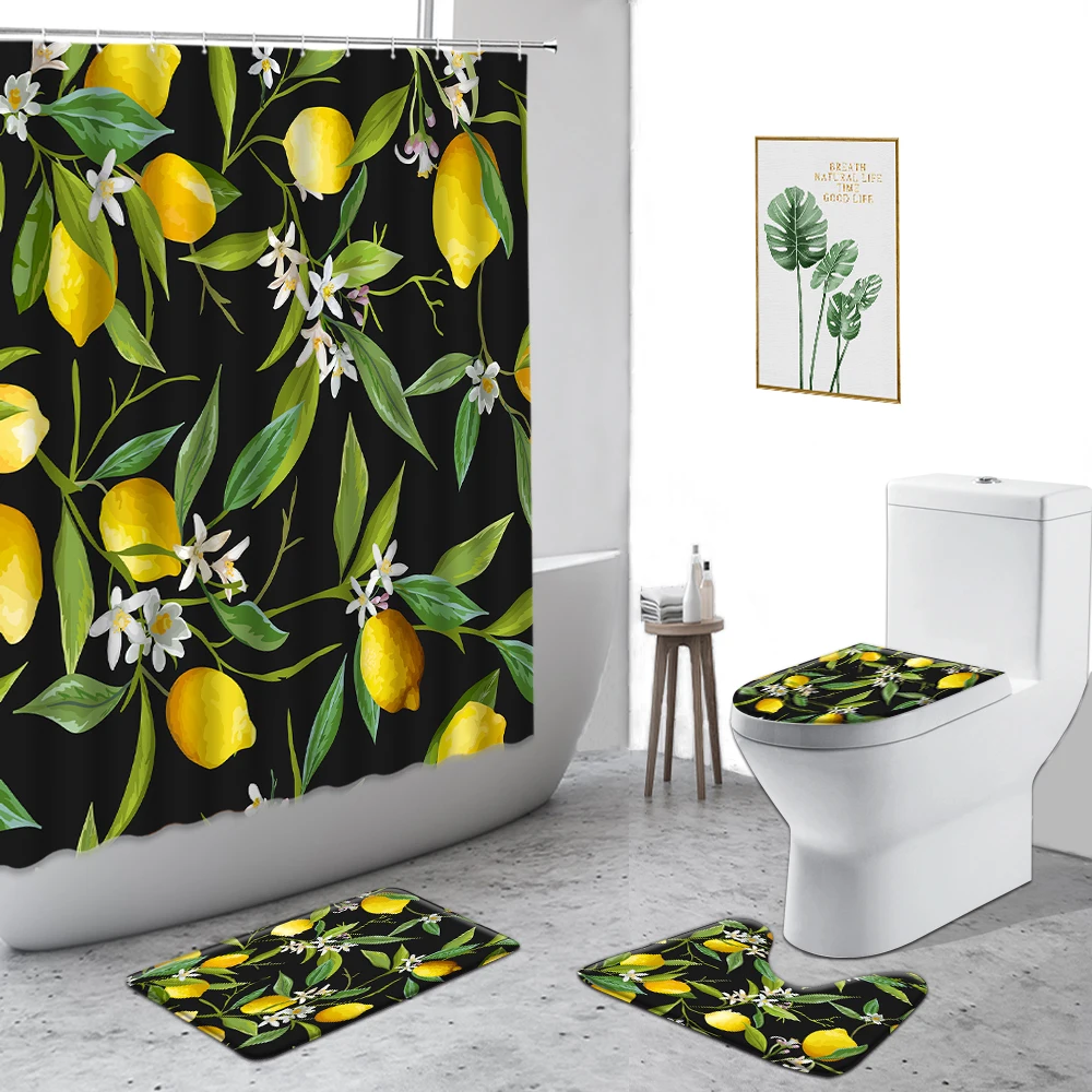 

Tropical Fruit Lemon Waterproof Shower Curtain Orange Blueberry 3D Printing Bathroom Decorative Curtains Set Non-slip Bath Mat