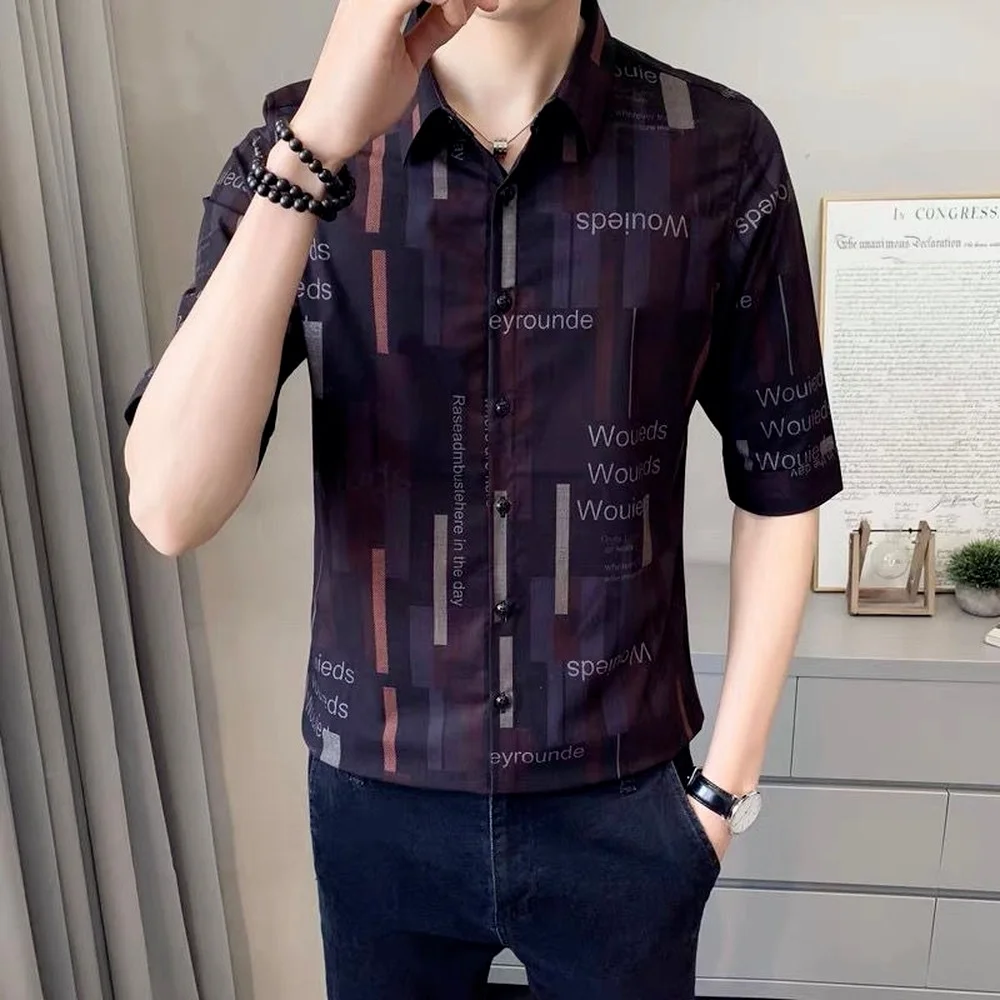 Men's Summer Five-point Sleeve Shirts, Men's Single-breasted Lapel Shirts, Korean Fashion Shirts, Printed Short-sleeved Shirts