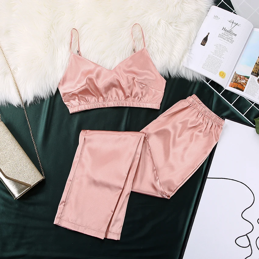 Пижама женская с принтом HiLoc атласная пижама V-образным вырезом домашний костюм