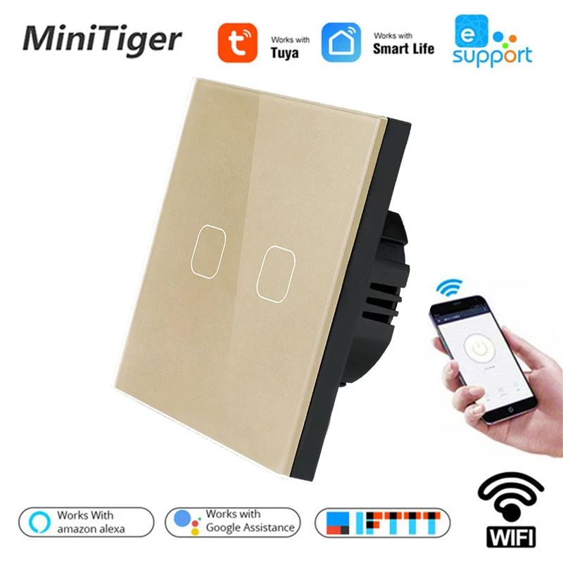 Переключатель настенный Minitiger Tuya/Smart Life/Ewelink с Wi-Fi 2 клавиши 1 канал сенсорная