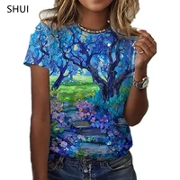 harajuku womens casual t shirt 3d printing oil painting flower pullover fashion short sleeve round neck loose and comfortable