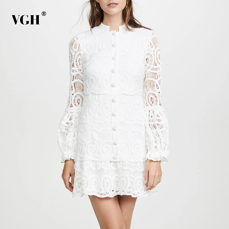 

Женское кружевное мини-платье VGH, лоскутное элегантное платье с воротником-стойкой, длинными рукавами-фонариками и высокой талией, 2020