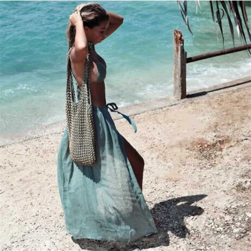 

Женская пляжная юбка с высокой талией Boho, летняя прозрачная юбка с разрезом, женская пляжная одежда