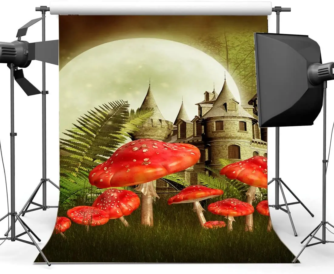 

Fairytale Castle Dreamy Red Mushroom Photography Backdrop Shining Moon Night Jungle Forest Grass Meadow Fantasy Background