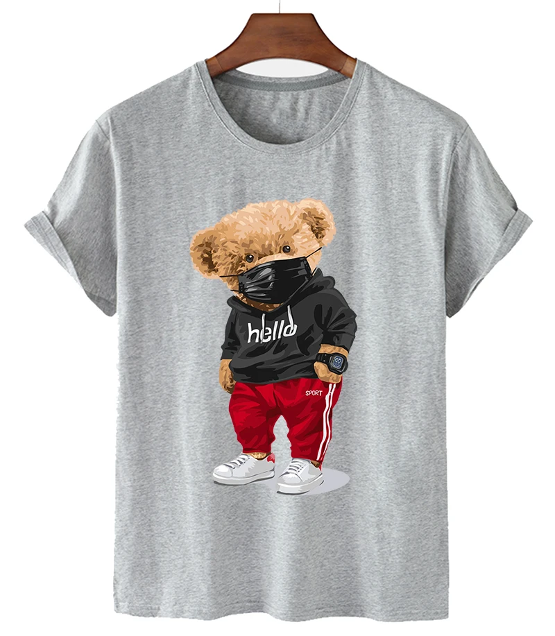 Fashion bear T-shirt stylish casual large size cartoon mask bear short sleeve T-shirt men's and women's top popular logo INS win