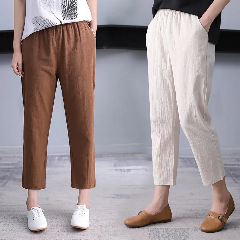 

Cotton Linen Pants Women Spring Summer Large Size Solid Color Harem Pants Elastic Waist Loose Casual Woman's Linen Trousers