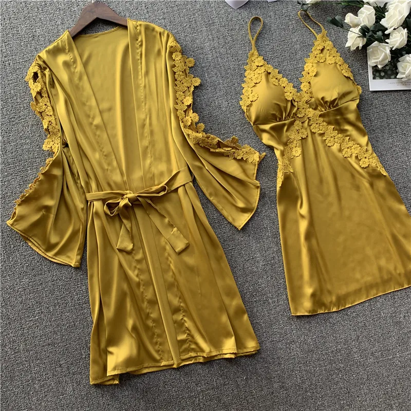

Sexy Lace Sleep Lounge Pijama Half Sleeve 2 Pcs Hollow Fashion Robe & Gown Sets Ladies Bathrobe nightdress With Chest Pads