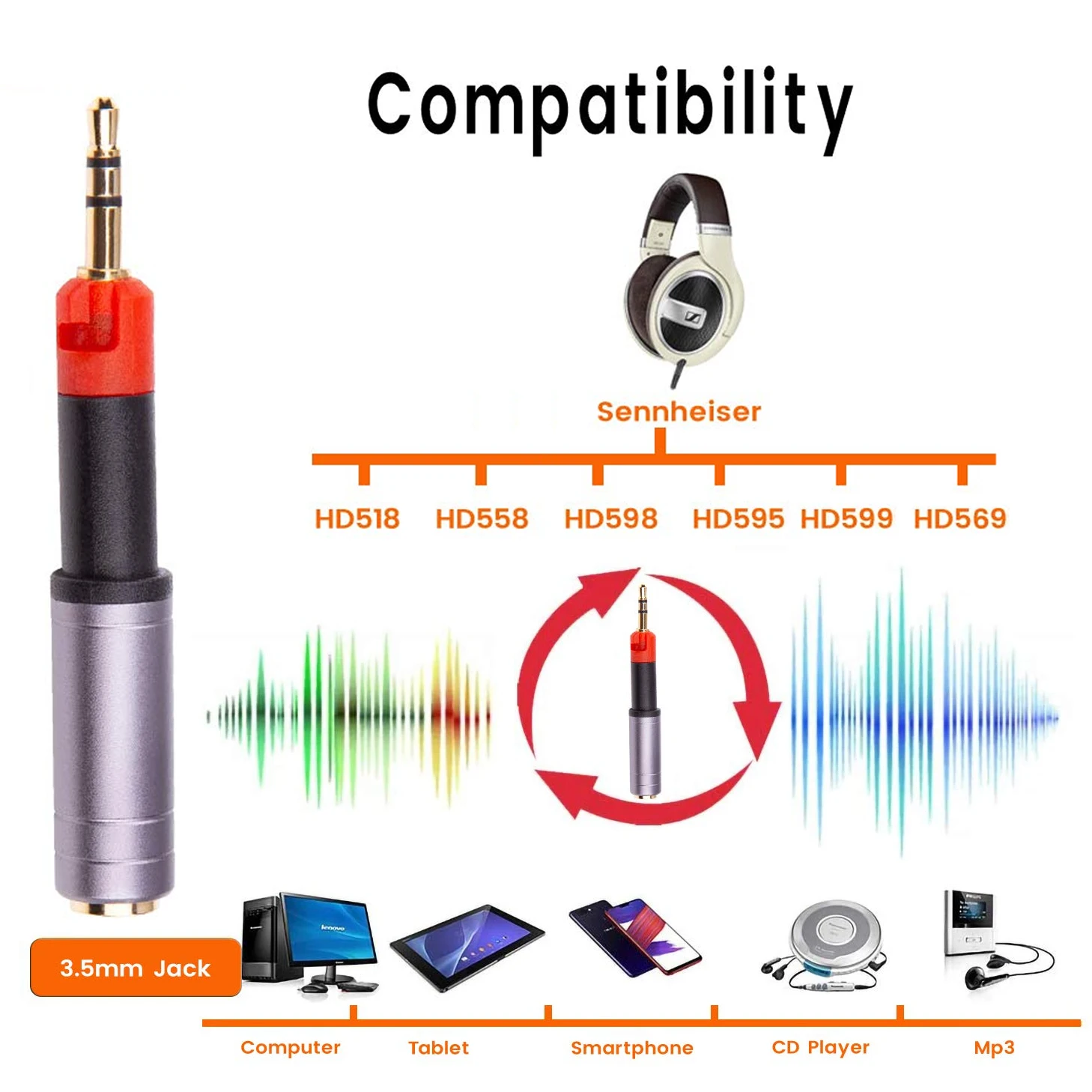 Металлический переходник для наушников Sennheiser HD598 Cs SE HD558 HD518 HD599 HD569 HD579 с разъемом