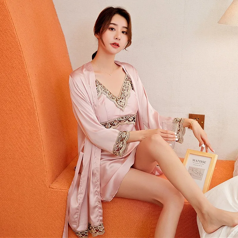 

Satin Kimono Gown Women Lace 2PCS Nighty&Robe Suit Sexy Sleepwear Silky Bathrobe Intimate Lingerie Soft Home Clothes Sleep Set
