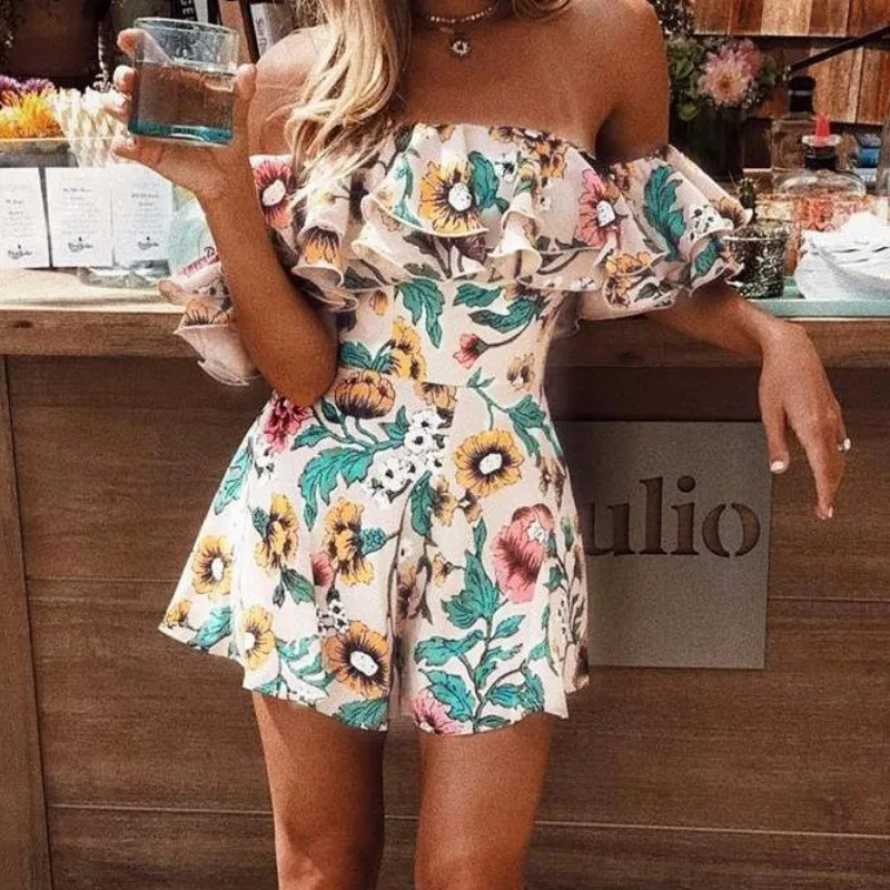 Сексуальный Boho цветочный принт комбинезон с рюшами Женский Летний Тонкий