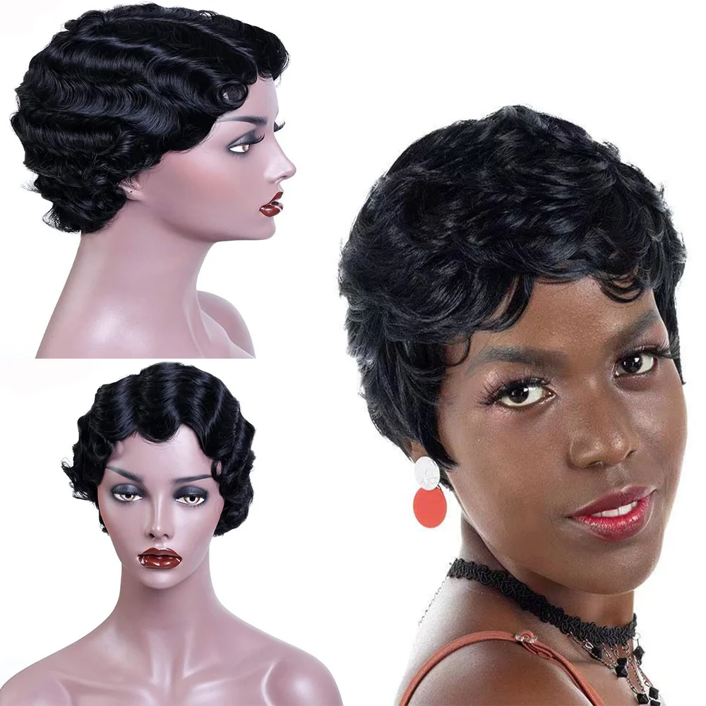 

FGY African Style Short Hair Curly Hair Bangs Wig Gold Black Ladies Natural Synthetic Wig Wizard No Glue Heat-Resistant Fiber