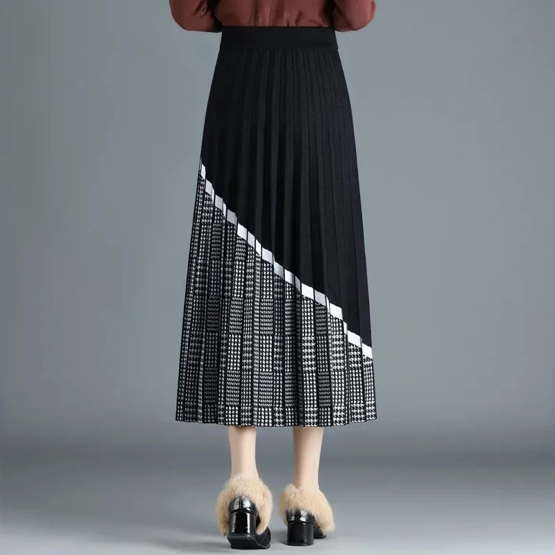 

Plaid Patchwork Pleated Knitted Skirt Women Vintage Print Spring Autumn High Waist Mid-Length Skirt Fashion Autumn Clothes
