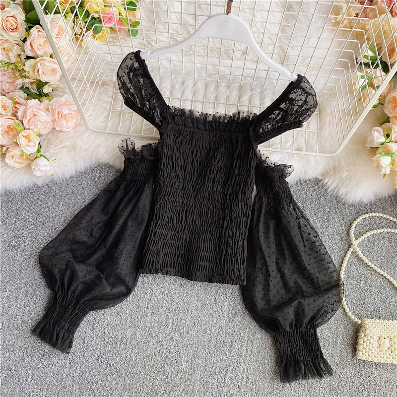 

Autumn New Strapless Square Collar Shirt Pleated Slimfit Short Stitching Mesh Patchwork Puff Sleeve Tops Female Blouse GX1110