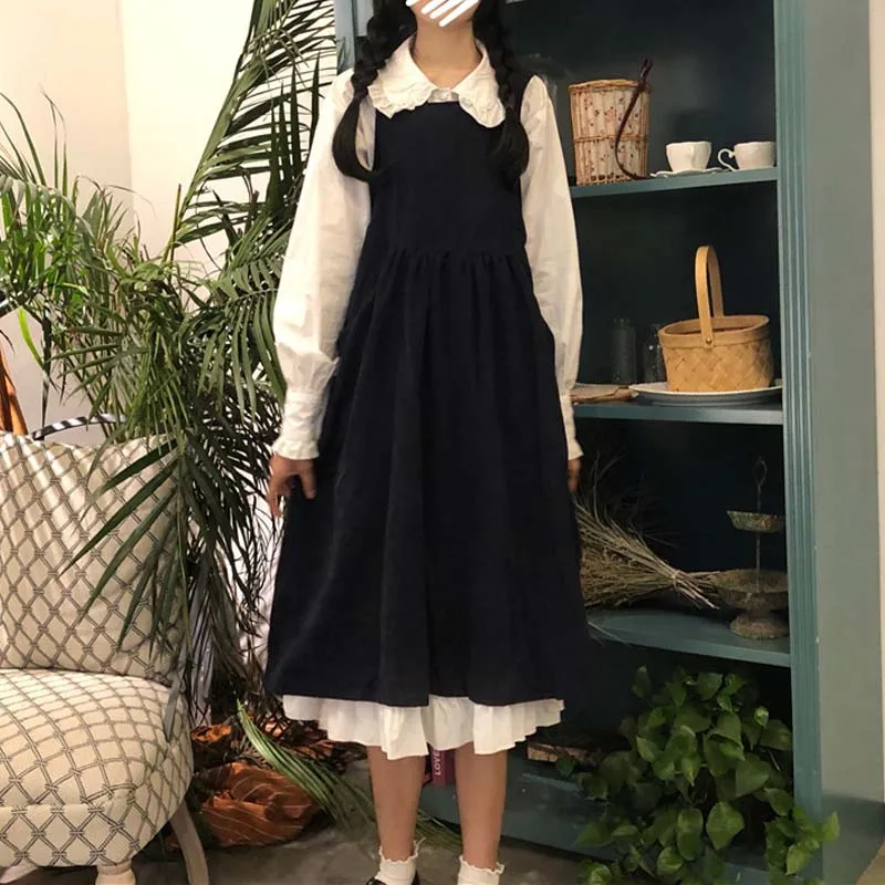 

Spring Retro Women Two-Piece Long Sleeve Shirt Dress + Sweet Japanese Kawaii Cute Vest Dress College Style Girl All-Match Dress