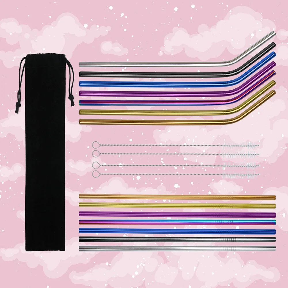 

19Pcs Stainless Steel Curve and Straight Drinking Straw with Brushes and Pouch