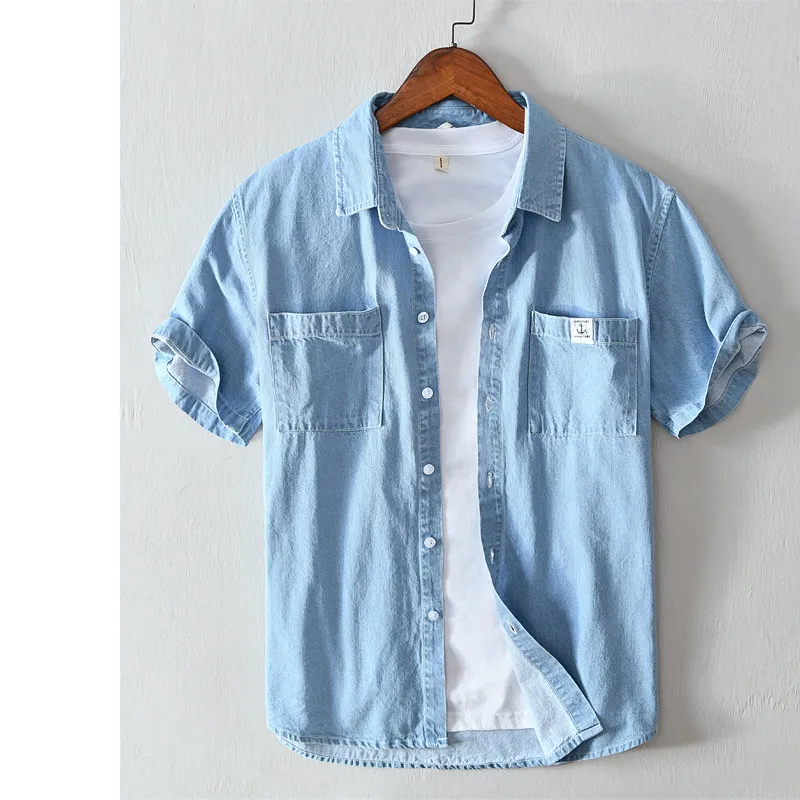 

Новые 2021 летние шорты с длинным рукавом синяя рубашка топы для мужчин, высокое качество, на каждый день, джинсовая рубашка Camisa Masculina