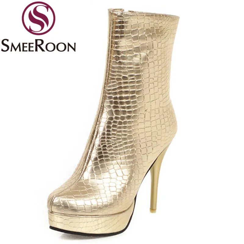 Женские ботильоны с круглым носком Smeeroon золотистые на платформе и высоком