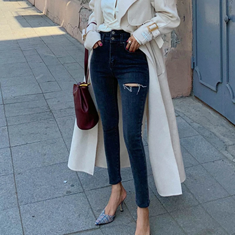 Женские узкие джинсы с высокой талией рваные джинсы-карандаш дырками в уличном