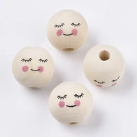 20pcs printed wooden beads 16mm round balls natural wood beads handmade smiley face loose spacer beads for jewelry making diy