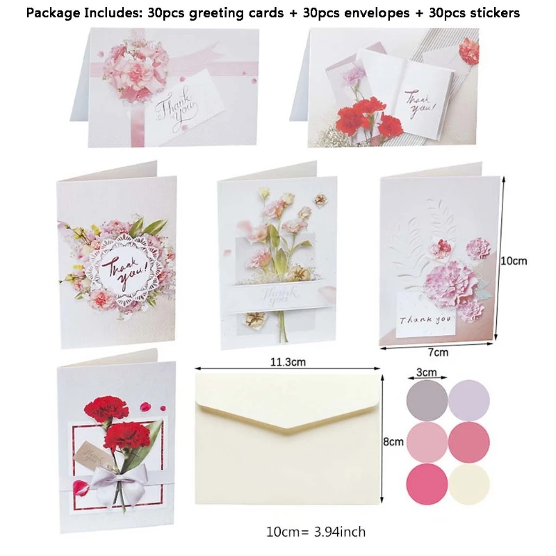 

30 Sets Flower Thank You Greeting Cards Paper Envelopes Seal Sticker for Wedding