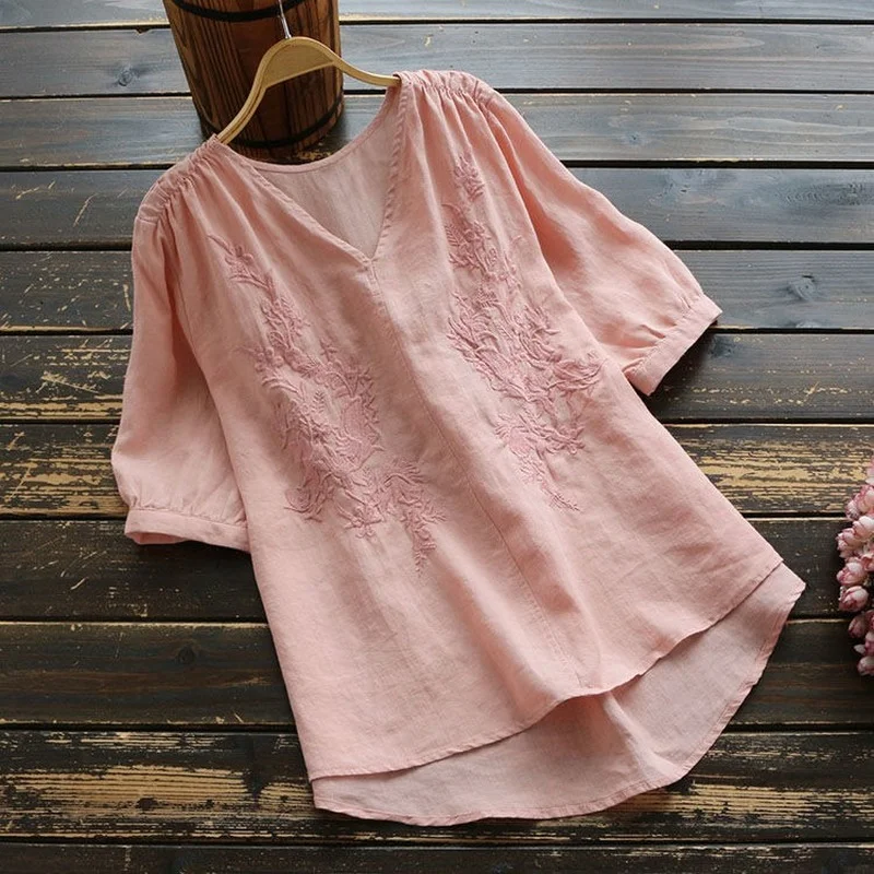 

Cotton 100% Solid Cotton Linen Women Blouse Summer Vintage V-Neck 2021 New Batwing Sleeved Loose Oversized Female Pulls Tops