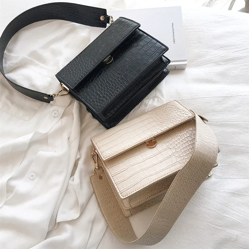 

Designer Wide Strap Handbags Luxury PU Leather Crossbody Bag Female Small Flap Lady Purses Fashion Crocodile Women Shouder Bags