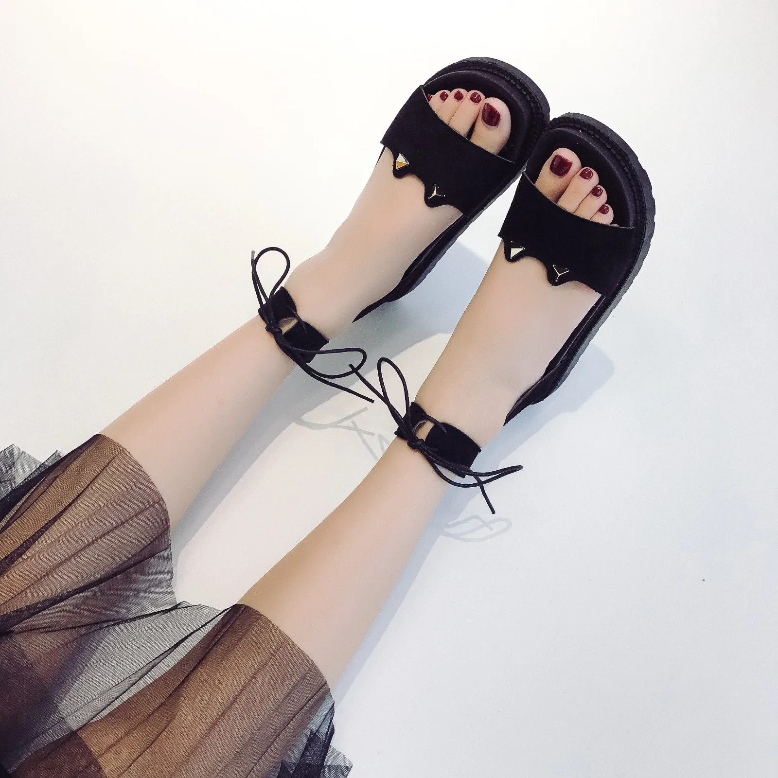

All-Match Comfort Shoes for Women Breathable Beige Heeled Sandals Open Toe 2021 Summer Black Flat Girls Lace Up Low New Peep Rom