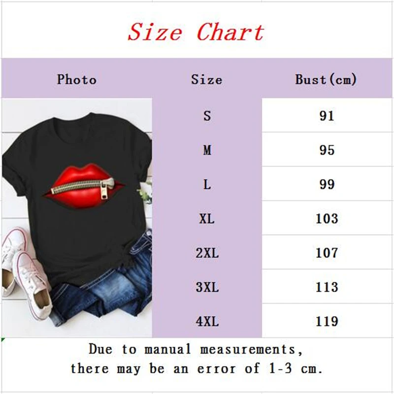 

Women Summer Print T-shirt Personality Red Lips Casual Loose Short Sleeve Plus Size Tshirts Woman Fashion Harajuku Tee Tops