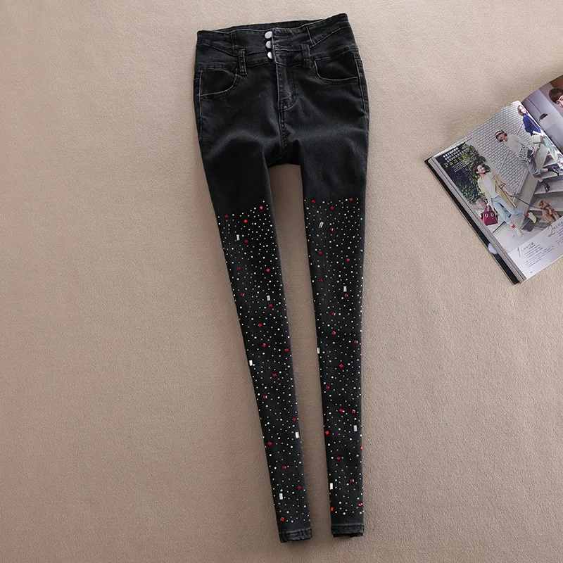 

Women's high waist diamond jeans women's new zipper feet plus velvet was thin Korean pencil belly pants