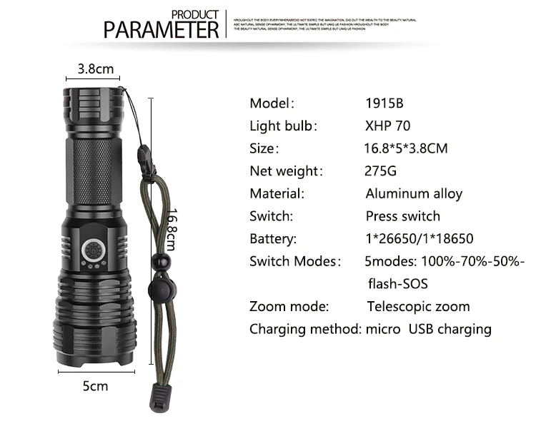 Самый мощный светодиодный фонарик XHP70.2 XHP50 Перезаряжаемый USB масштабируемый XHP70