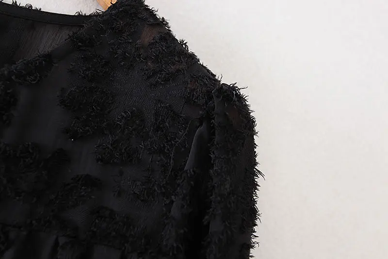 

Women high street texture pattern black casual loose mini Dress autumn ladies lantern sleeve vestidos chic ruffle Dresses DS2950