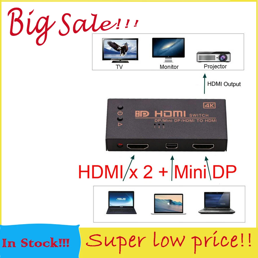 

4K 3D Mini HDMI+Mini DP+DP 3 in 1 out Switch Switcher 3 in 1 out HDMI Distributor Splitter For HDTV PS3 XBOX/PC Laptop