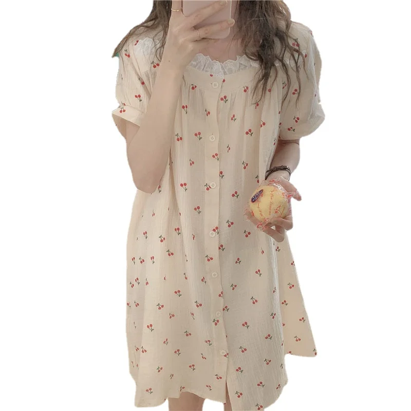 2021 Summer New Cotton Gauze Nightgown Women Lace Sleeping Dress Female Nightdress Short Sleeve Home Wear Lady Sleepwear