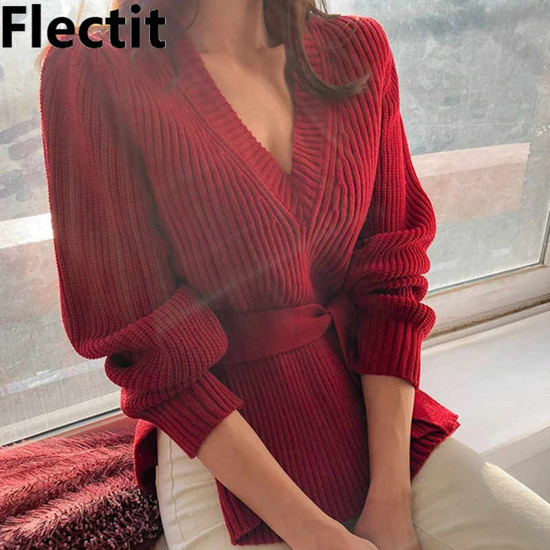 Flectit женские v-образным вырезом свитер с поясом буфами на рукавах пуловер