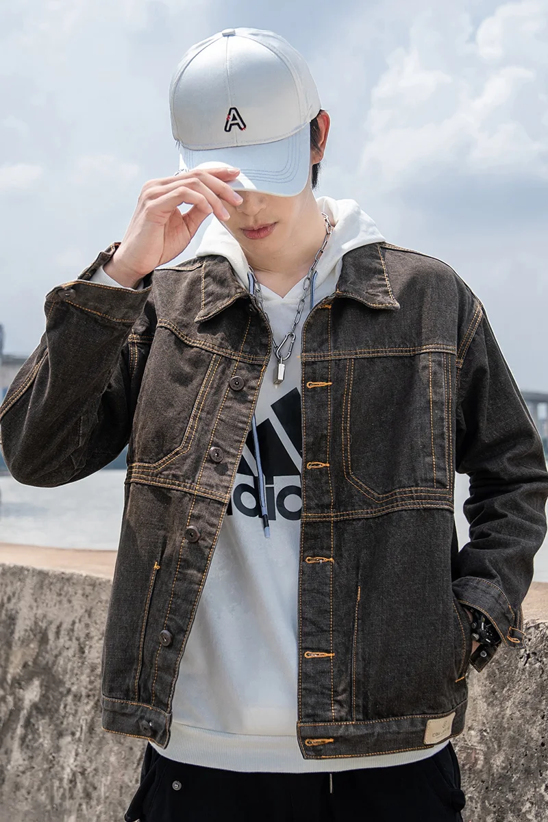 Темно-коричневый Повседневное тонкий Для мужчин джинсовая куртка размера плюс 5XL