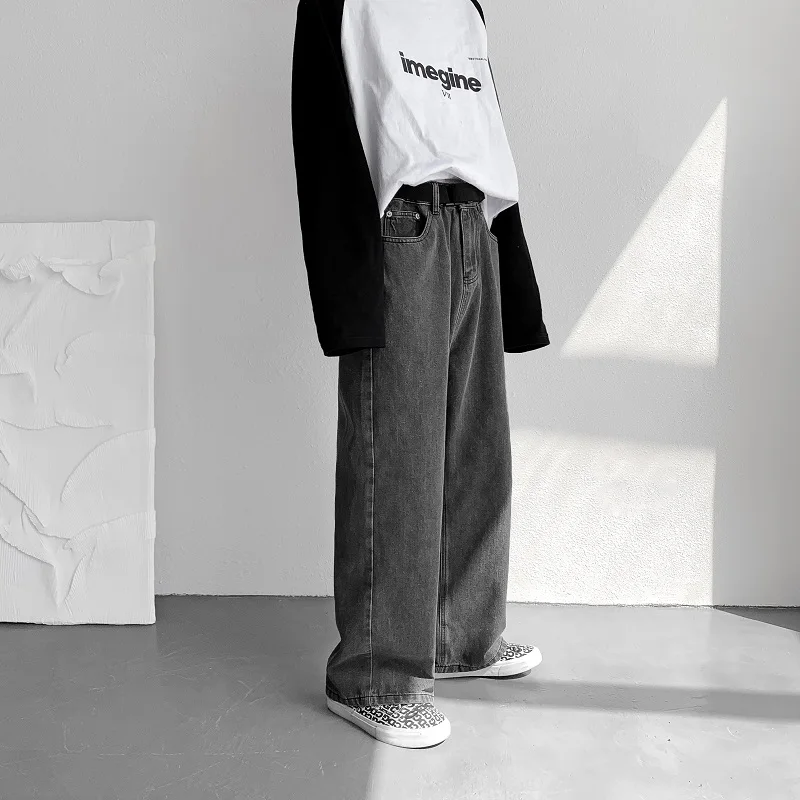 Belt Jeans Men's Fashion Baggy Gray Wide-leg Jeans Men Streetwear Harajuku Loose Hip-hop Straight-leg Denim Trousers Mens S-3XL