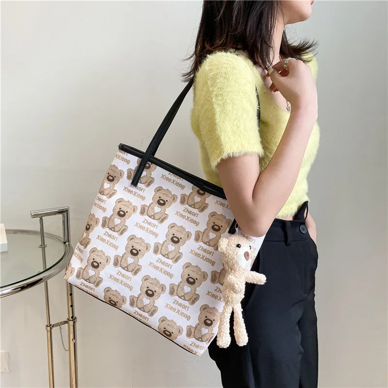 

Модная вместительная сумка через плечо в западном стиле, милый цветной тоут с медведем, Студенческая дорожная сумочка