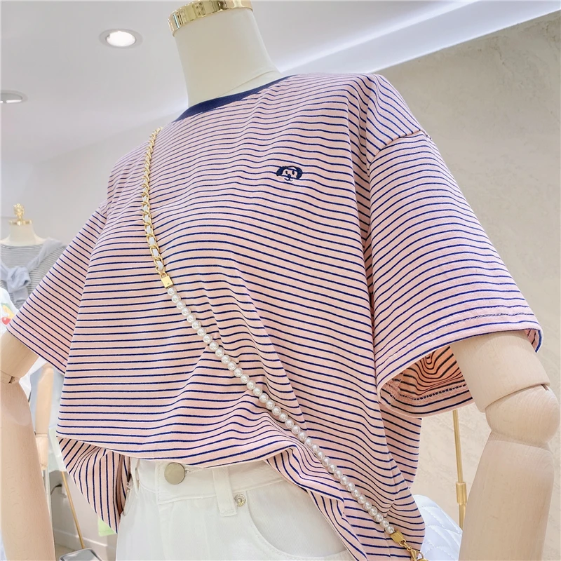 

2021 Summer Ladies Simple Embroidered Korean Style Tops New Loose Plus Size Striped Women Tees Fashion Short Sleeve T-shirt
