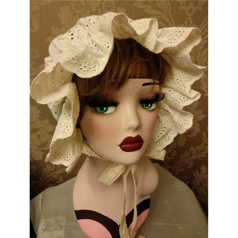 

Adjustable Beige Lolita Bonnet Ruffled Hat Medieval Vintage Maid Cosplay Women Girls Pumpkin Sweet Cotton Cap Lace-up Straps