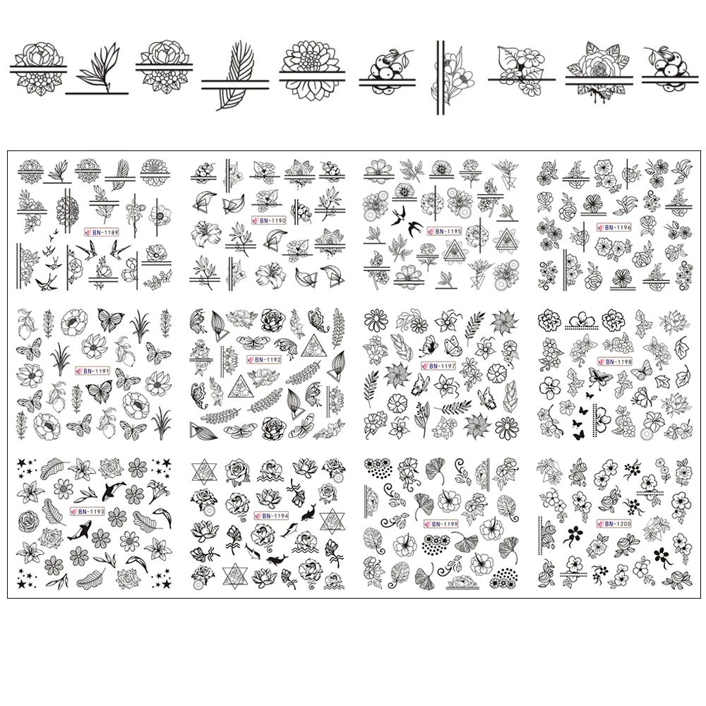 Наклейка для дизайна ногтей в виде зеленого цветка и листьев Переводные картинки