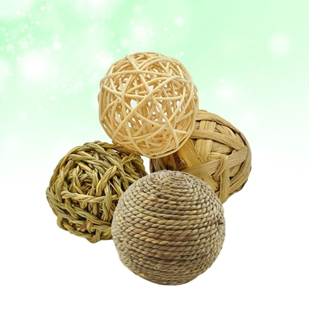

4 Pcs Pet Balls Rabbit Toys Bunny Straw Rattan Woven Chewing Teeth Cleaning Toys Training Biting