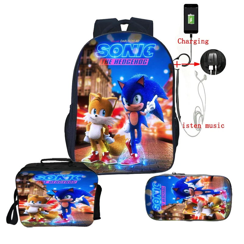 

Cool Boys Girls Sonic Backpack School Bags Teens Bookbags New Students Back to School Gift 3pcs Set backpack